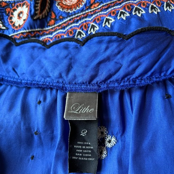 LITHE Anthropologie Embroidered Silk Peacock Boho Peasant Top - Picture 6 of 7